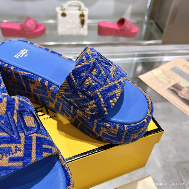 2025 Fendi Blue Brown Canvas Slippers