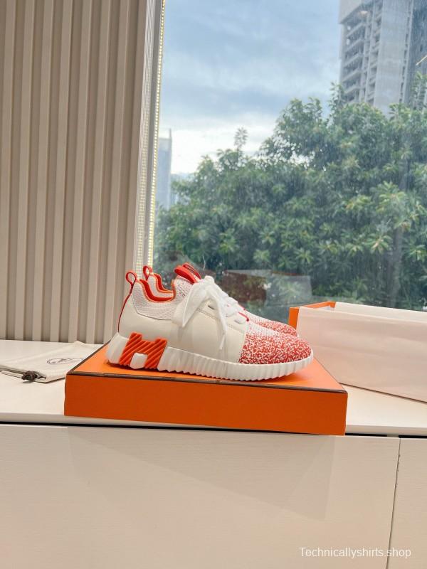 2024 Unisex Hermès white orange leather knit sneakers