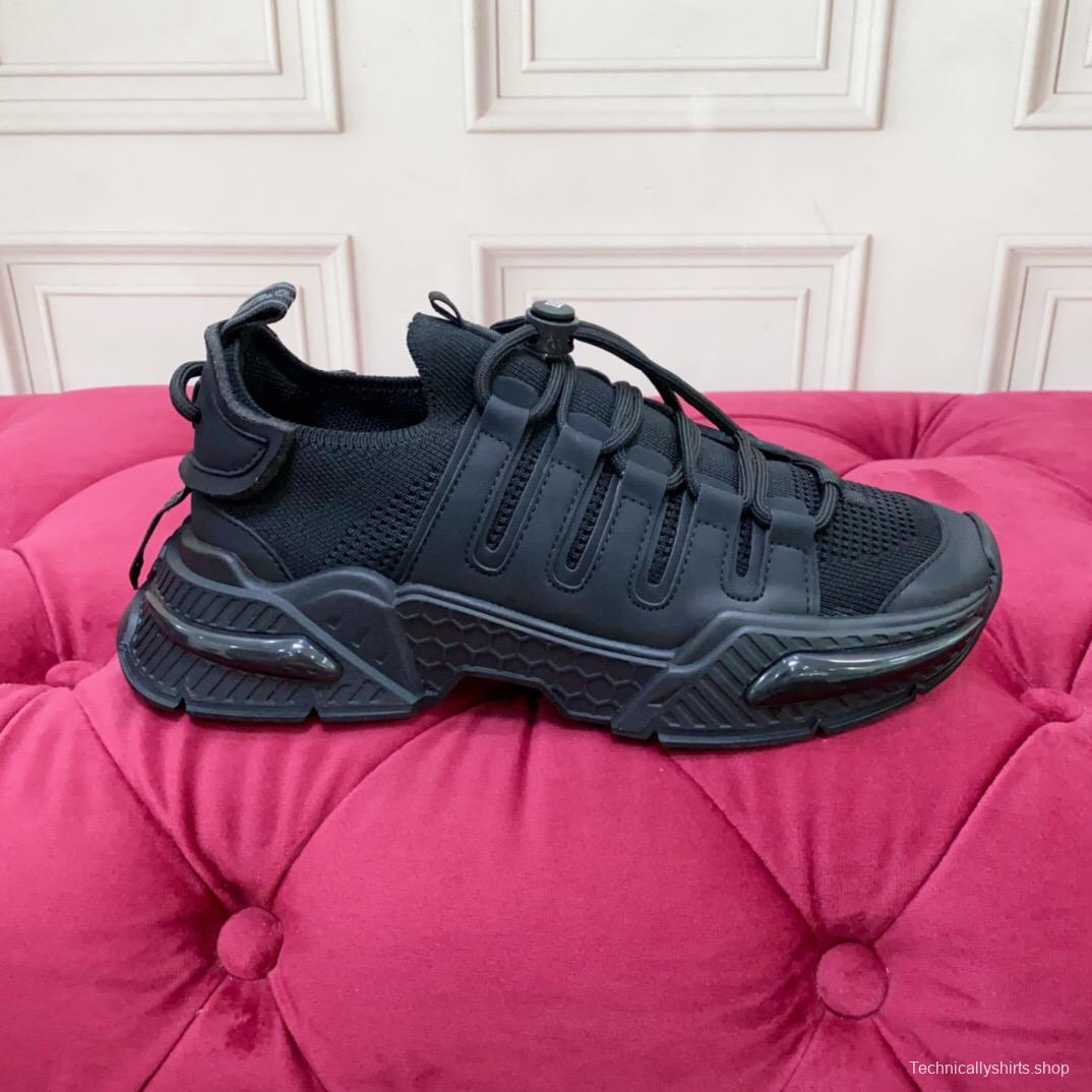 2025 Unisex Dolce & Gabbana Black Leather Knit Sneakers LY00340