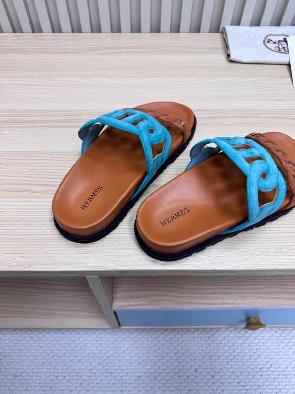 2025 Slippers Hermès Blue Brown Leather Slippers