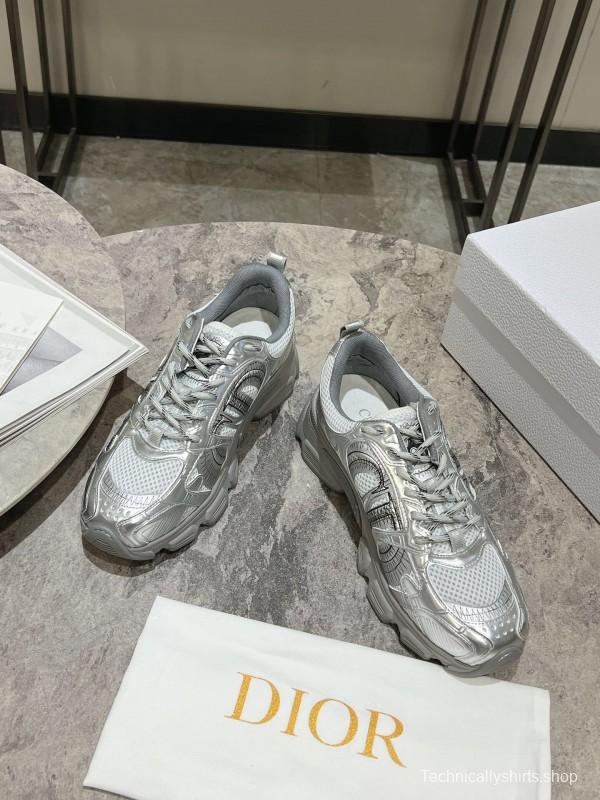 2025 Women Dior Silver Mesh Leather Running Sneakers