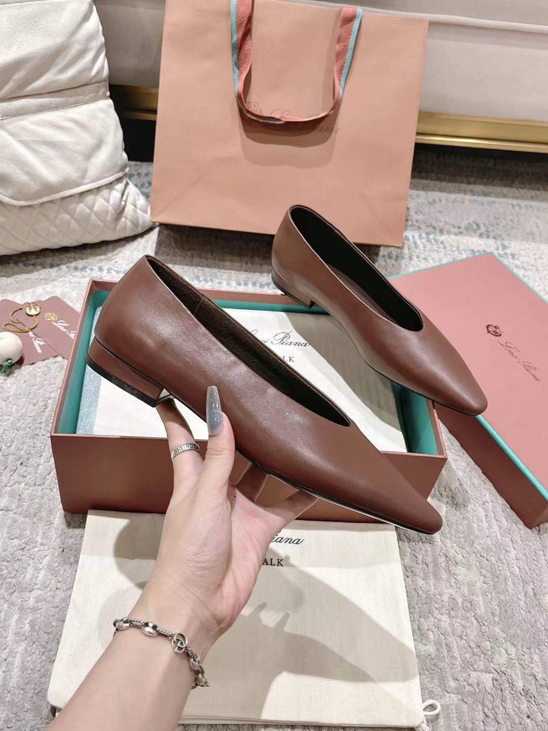 2025 Women Le Parmentier Brown Leather Ballet Flats LY00300