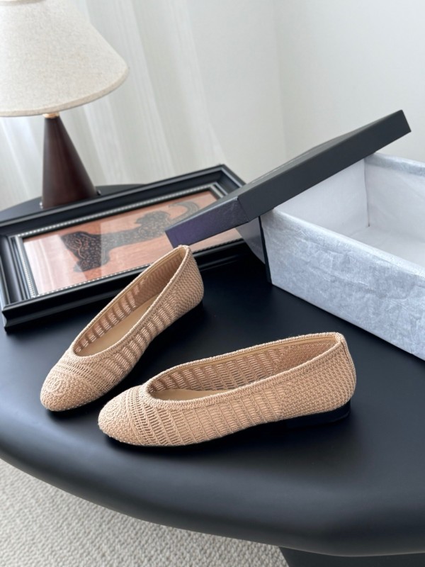 2025 Women Chanel Beige Knit Ballet Flats LY00280