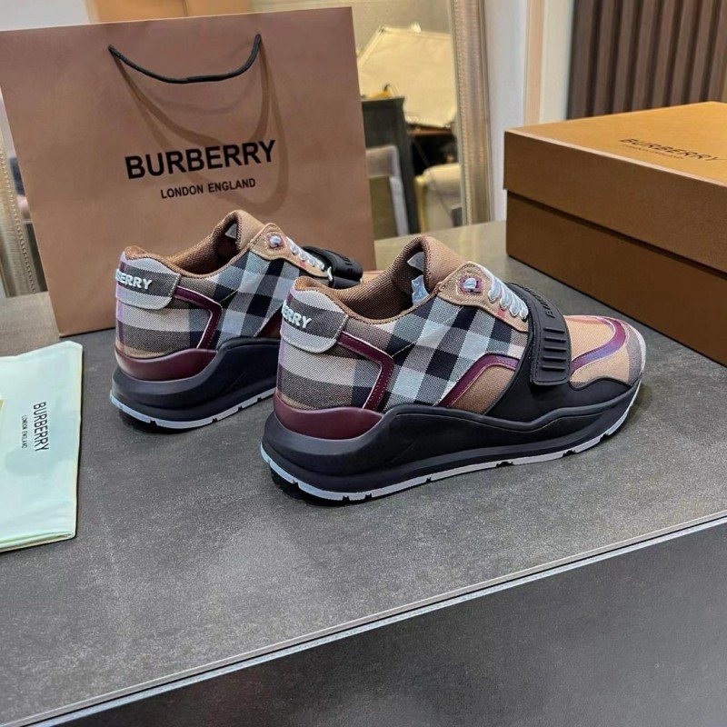 2025 Unisex Burberry Beige Black White Cotton Calfskin Suede Sneakers Vintage Pattern MJ00360(F)