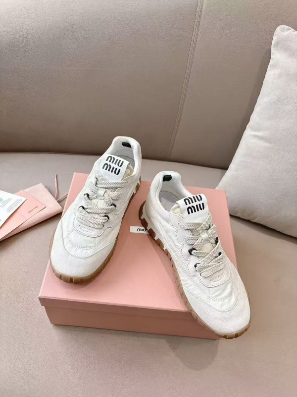 2025 Women Miu Miu White Beige Leather Nylon Casual Shoes KFY00280