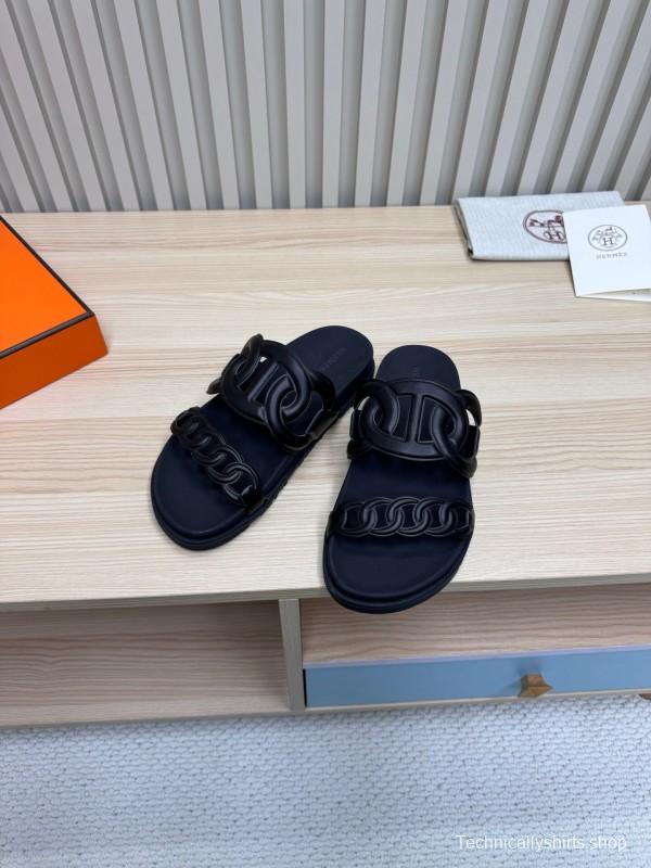 2025 Slippers Hermès Black Leather Slippers