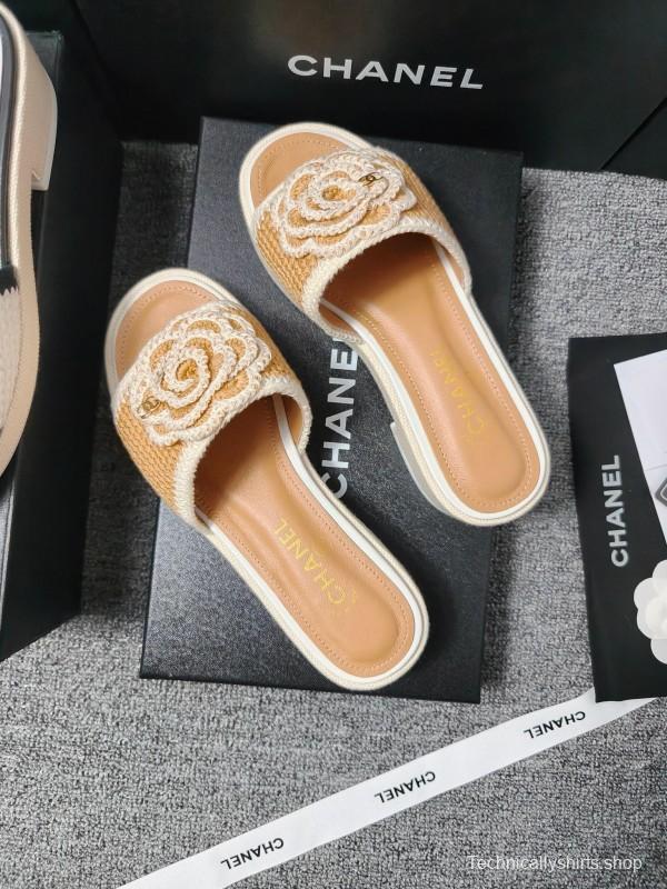 2025 Slippers Chanel Beige White Crochet Flower LY00260