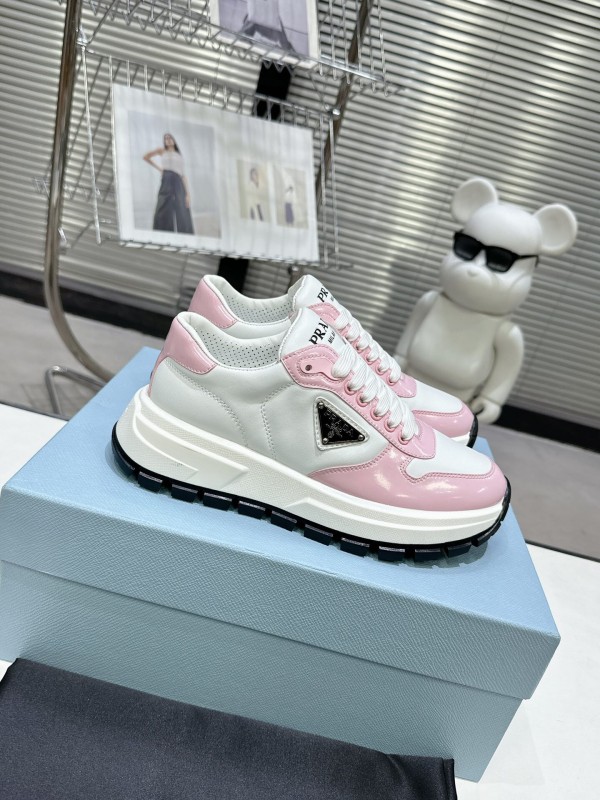 2025 Women Prada White Pink Leather Sneakers