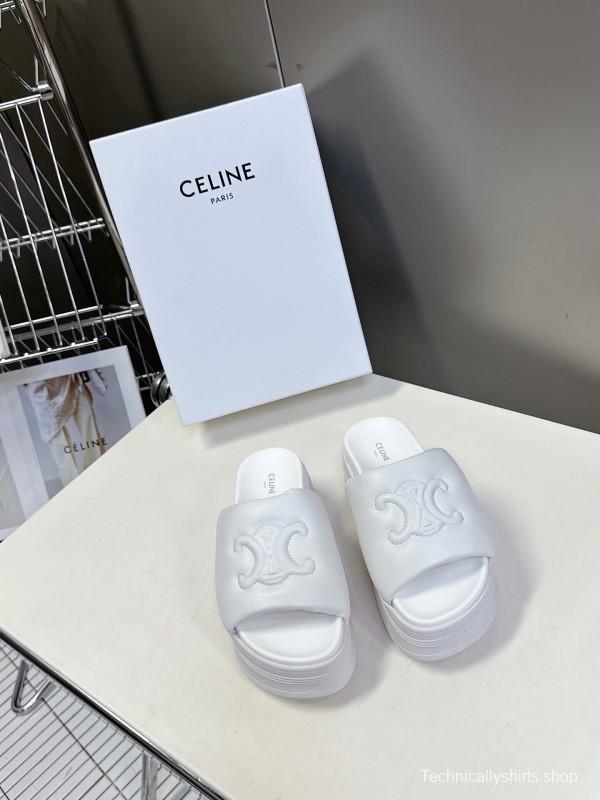 2025 Women Celine White Leather Slippers LY00240