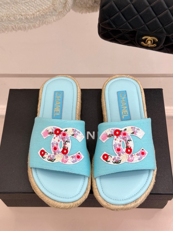2025 Slippers Chanel Light Blue Fabric Women Embroidered Floral CC Logo KFY00230