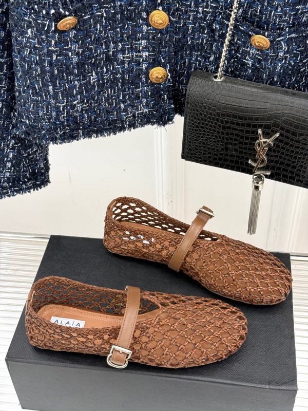 2025 Women AlAIA Brown Leather Woven Mary Jane Shoes