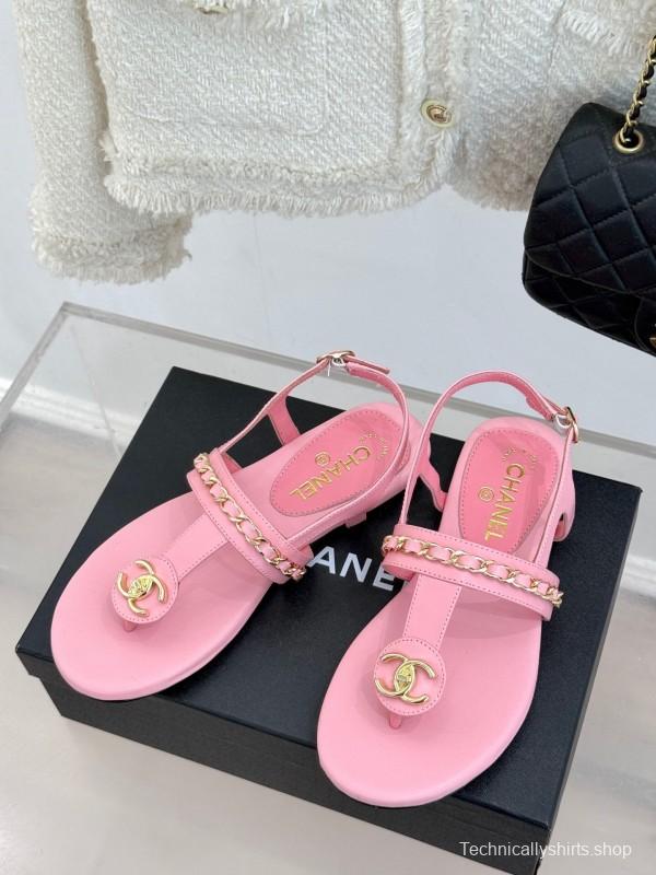 2025 Women Chanel Pink Lambskin Sandals CC Logo KFY00250