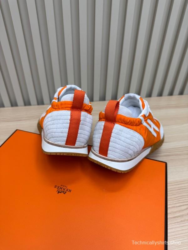 2025 Unisex Hermès Orange White Suede Nylon Sneakers Top Version LY00310