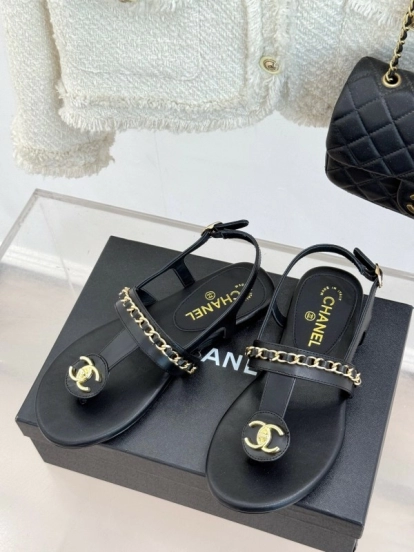 2025 Women Chanel Black Leather Sandals KFY00250