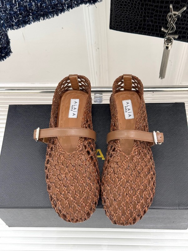 2025 Women AlAIA Brown Leather Woven Mary Jane Shoes