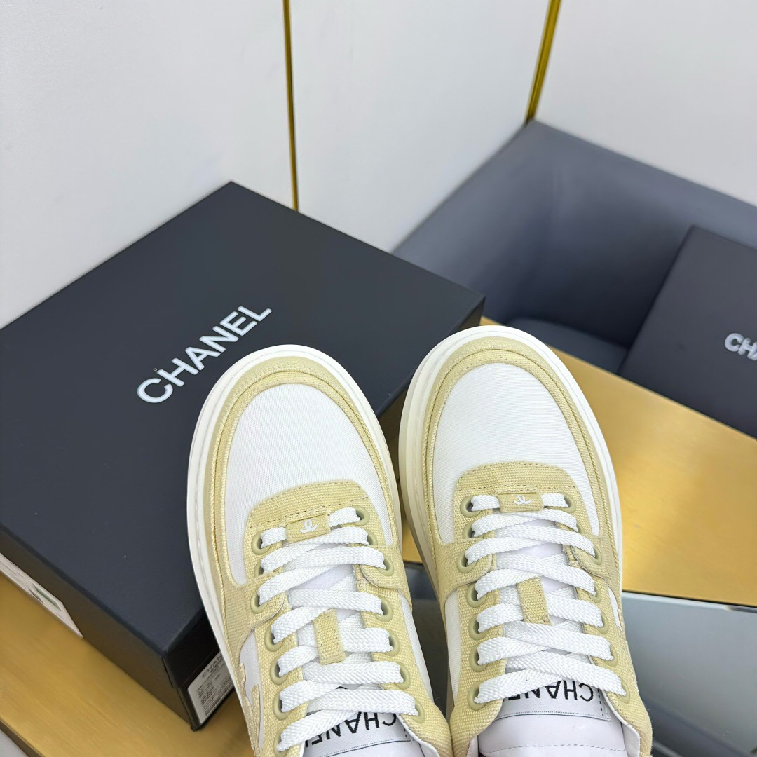 2025 Women Chanel Beige White Canvas Leather Sneakers