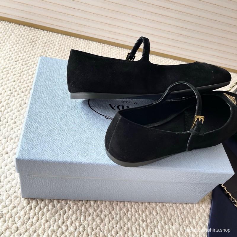 2025 Women Prada Black Suede Mary Jane Ballet Flat