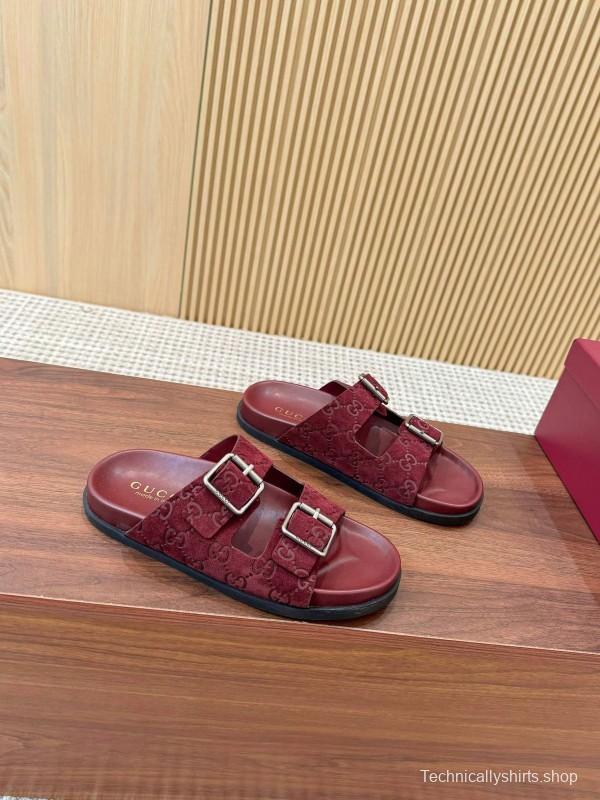 2025 Women Gucci Red Suede Leather Sandals Double Buckle LY00260