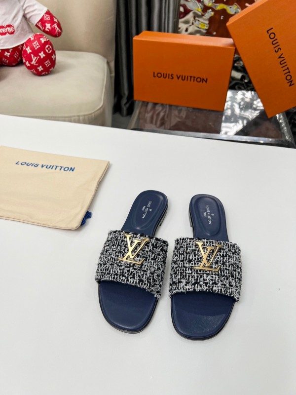 2025 Women Louis Vuitton Navy Tweed Leather Slippers LY00210