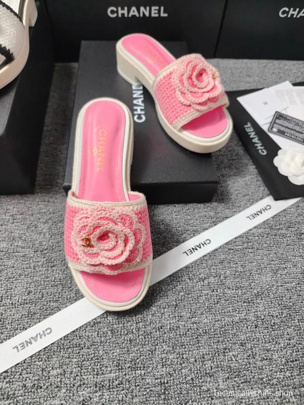 2025 Slippers Chanel Pink Straw Slide Floral LY00360