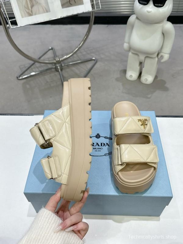 2025 Women Prada Beige Leather Slippers KFY00290