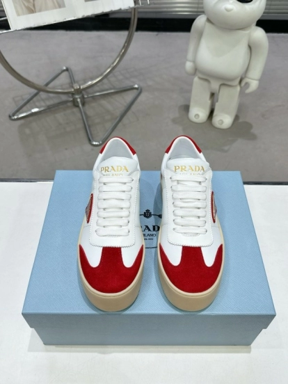 2025 Women Prada White Red Suede Leather Sneakers