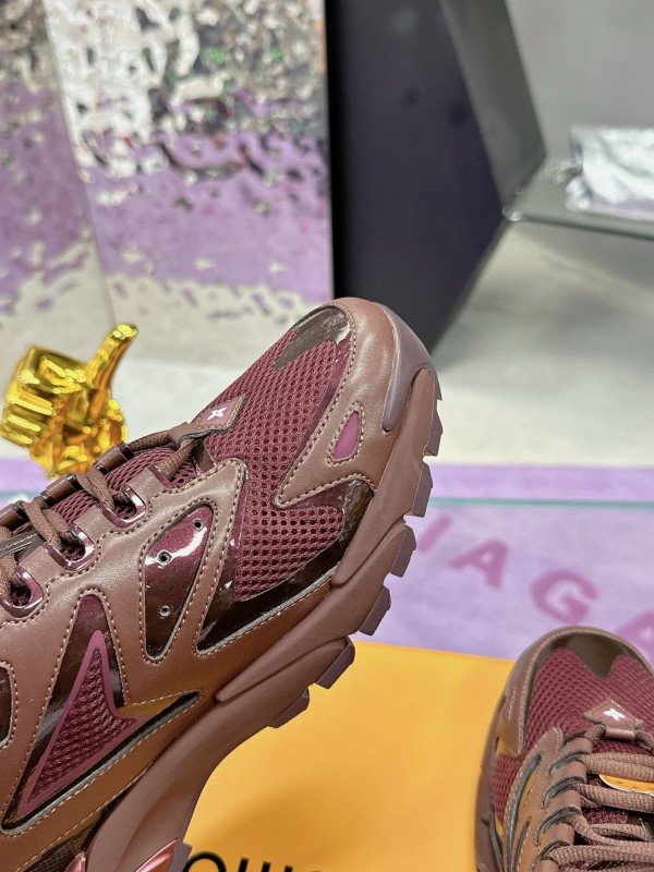 2025 Men Louis Vuitton Brown Mesh Leather Sneakers MJ00420