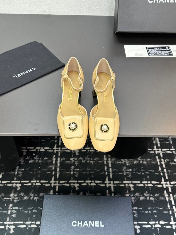 2025 Women CHANEL Beige Lambskin Mid Heel Ankle Strap Square Toe Pumps