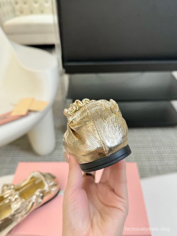 2025 Women Miu Miu Gold Leather Ballet Flats