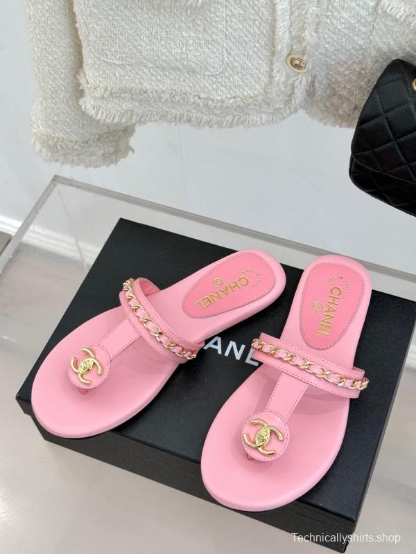 2025 Women Chanel Pink Lambskin Chain Toe Ring Sandals