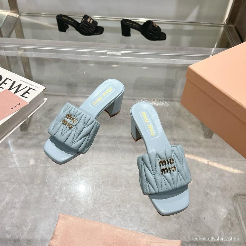 2025 Women Miumiu Light Blue Sheepskin Heeled Sandals