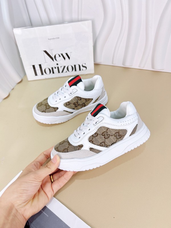 2024 Kids Gucci White Brown Cotton Leather Sneakers