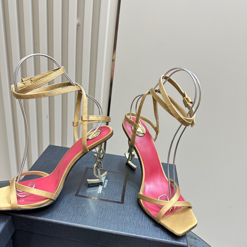 2025 Women Yves Saint Laurent Light Brown Satin High Heel Sandals