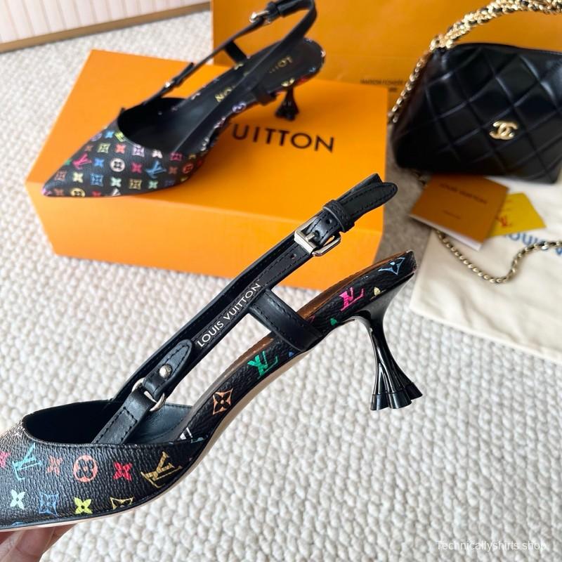 2025 Women Louis Vuitton Multicolor Canvas Leather Slingback Heels KFY00300