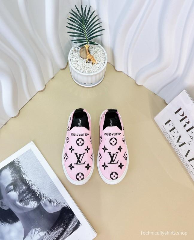 2024 Kids Louis Vuitton White Black Pink Canvas Slip-On Sneakers