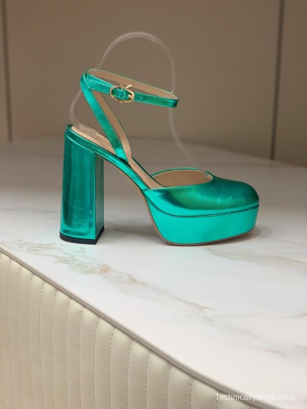 2025 Women Gianvito Rossi Metallic Green Leather Platform Sandals