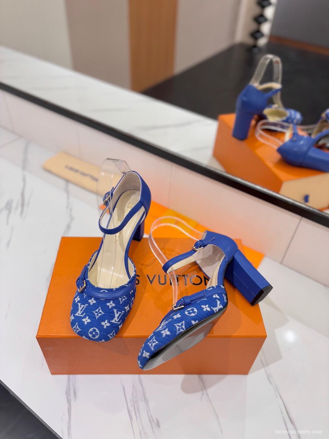 2025 Women Louis Vuitton Blue Denim Leather Heels KFY00310