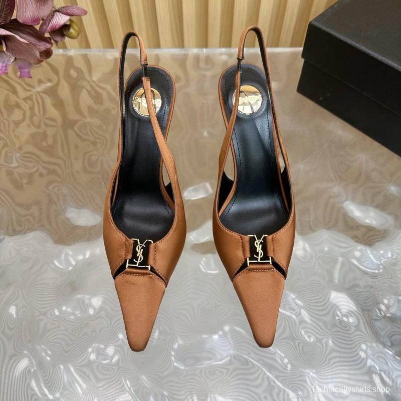 2025 Women Yves Saint Laurent Brown Leather Slingback Pumps MJ00300