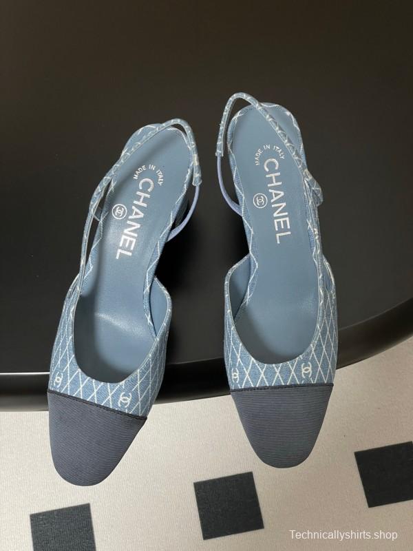 2025 Women Chanel Light Blue Denim Leather Sling-back Heels