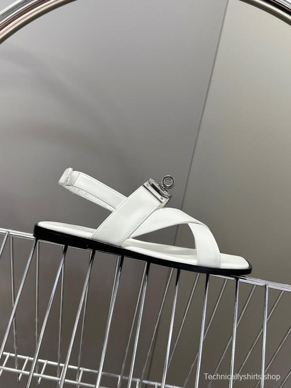 2025 Women Hermès White Calf Leather Sandals Metal Buckle KFY00300