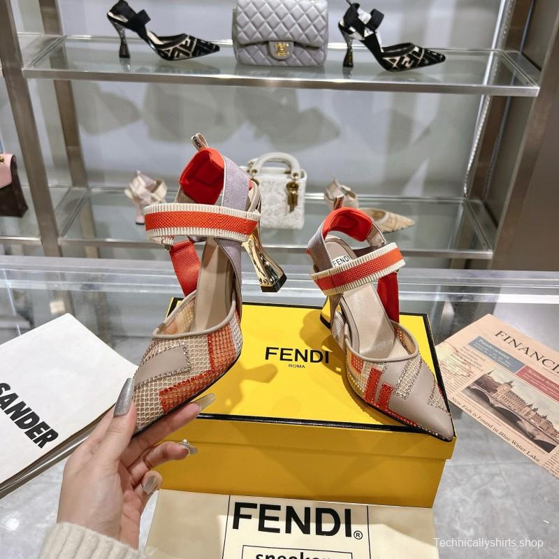 2025 Women Fendi Beige Orange Leather Fabric High Heels MJ00280