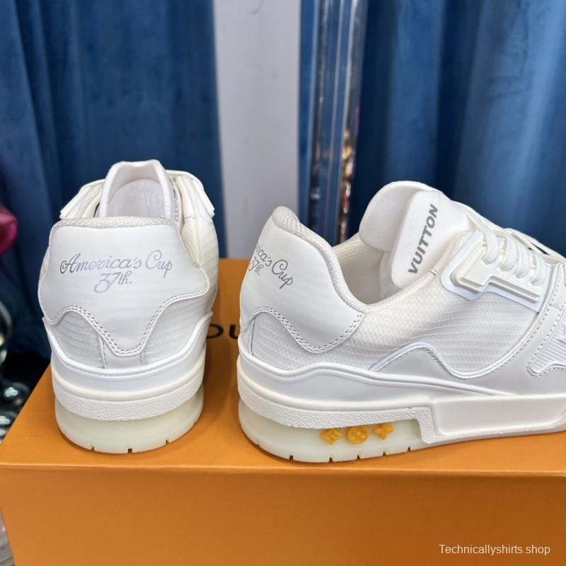 2025 Unisex Louis Vuitton White Calf Leather Mesh Trainer TPU Plimsolls Goodyear Welt