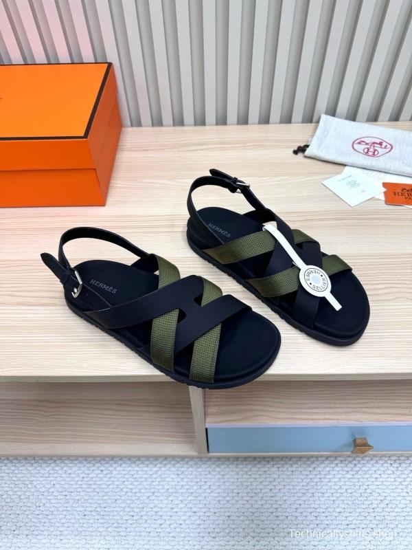 2025 Women Hermès Black Green Leather Nylon Sandals LY00270