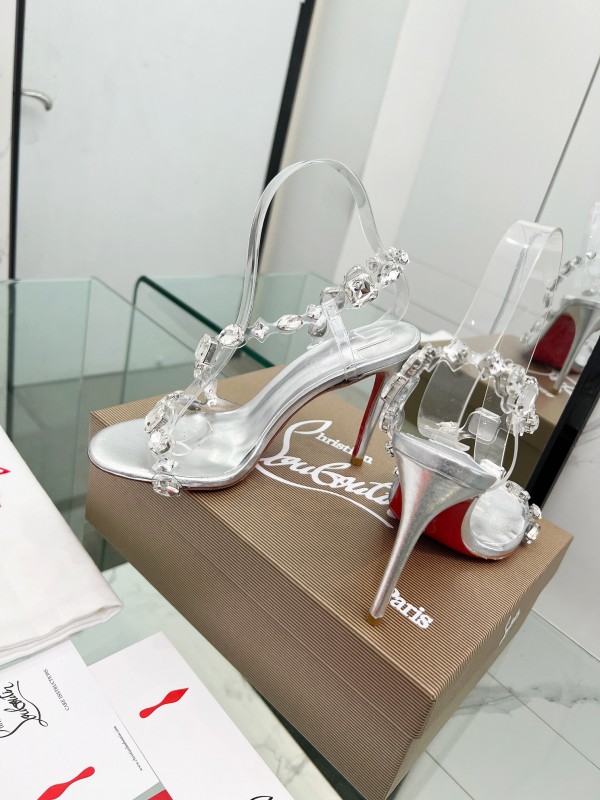 2025 Women Christian Louboutin Silver PVC Crystal High Heel Sandals LY00300