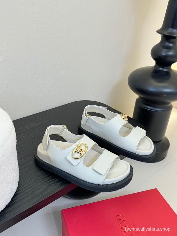 2025 Women Valentino White Leather Sandals V Buckle KFY00320