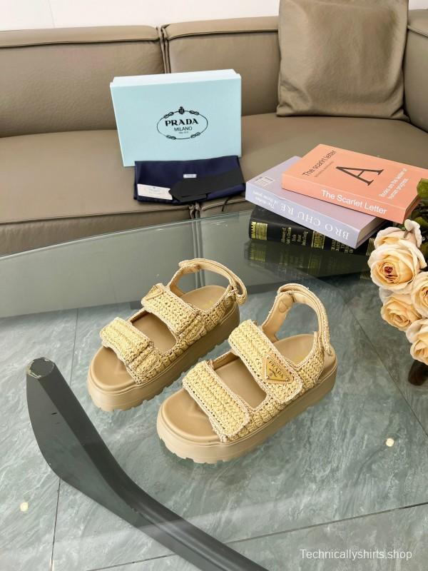 2025 Women Prada Beige Braided Leather Platform Sandals LY00300