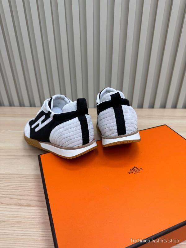 2025 Unisex Hermès White Black Suede Down Fabric Sneakers Top Version LY00310