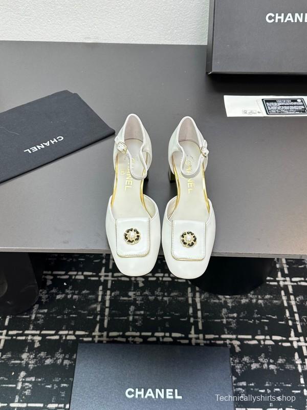 2025 Women Chanel White Leather Chunky Heel Metal Decoration LY00360