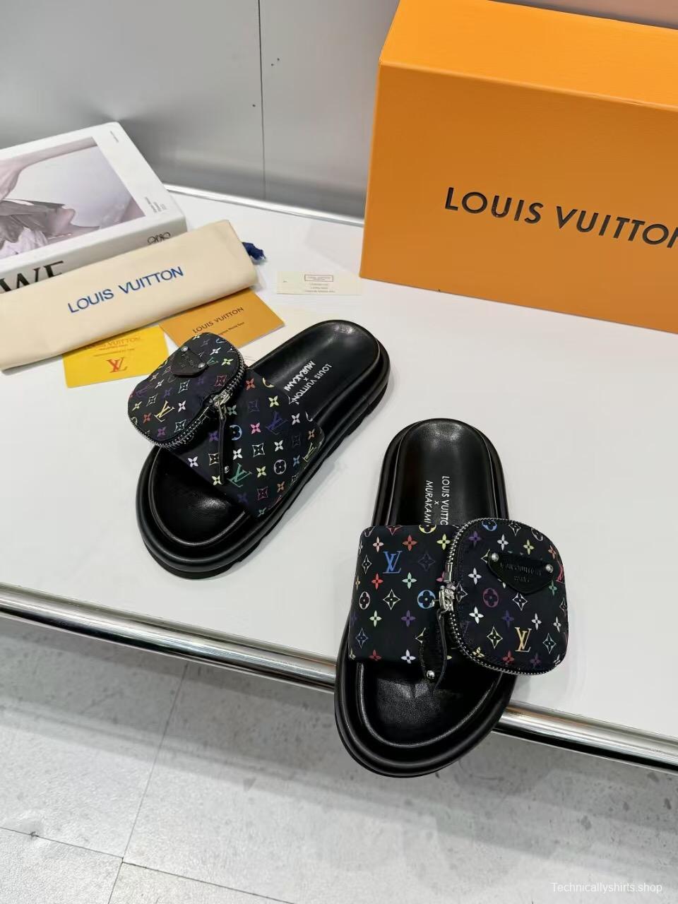 2025 Women Louis Vuitton Black Colorful Canvas Slippers Monogram KFY00230
