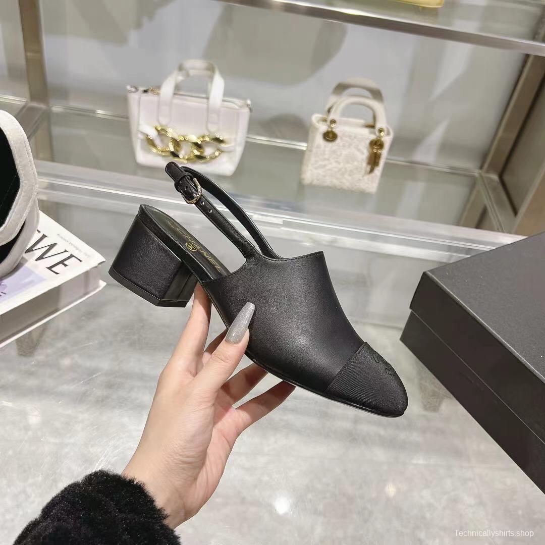 2025 Women Chanel Black Leather Slingback Heels LY00300